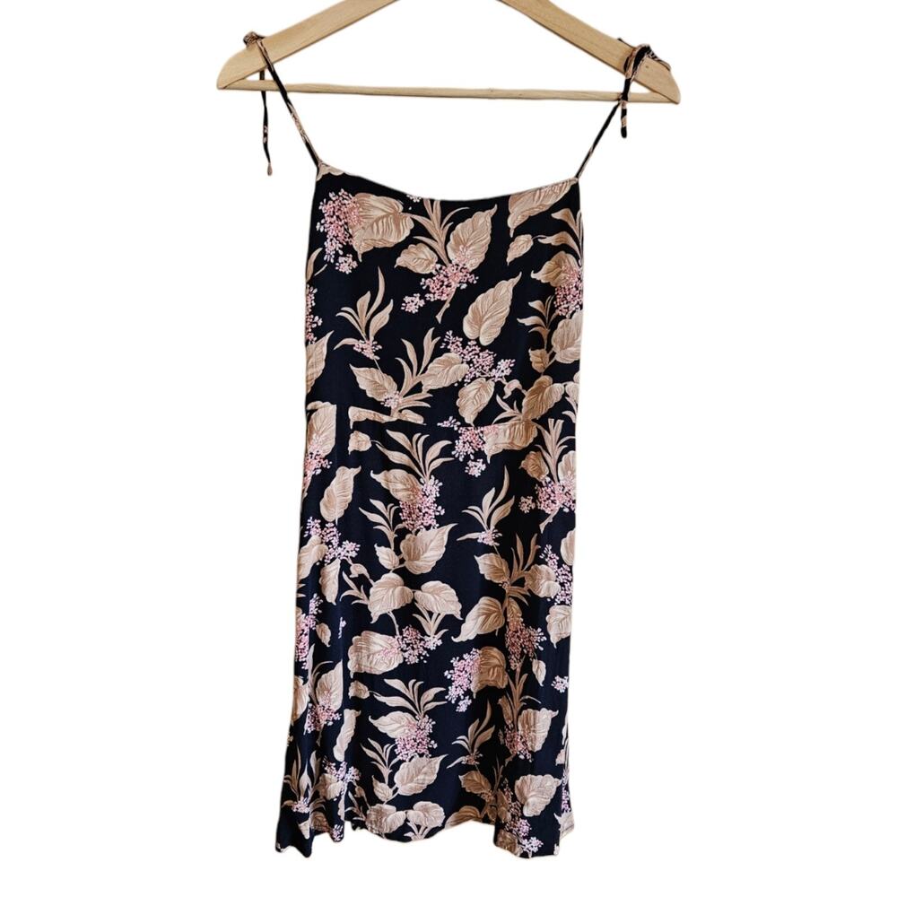 Mango MNG Basics Size S Navy Blue Floral Smocked Back Tie Strap Mini Dress